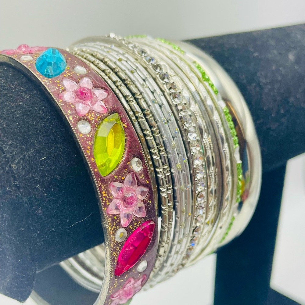 Flower Crystal & Silver Stack Bangle Set. 16 Brac… - image 3